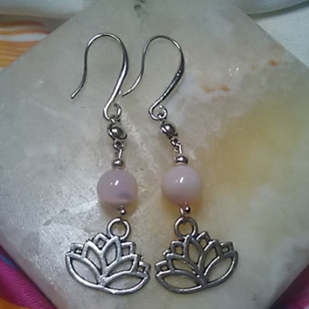 Pink Mother of Pearl & Lotus Drop Earrings